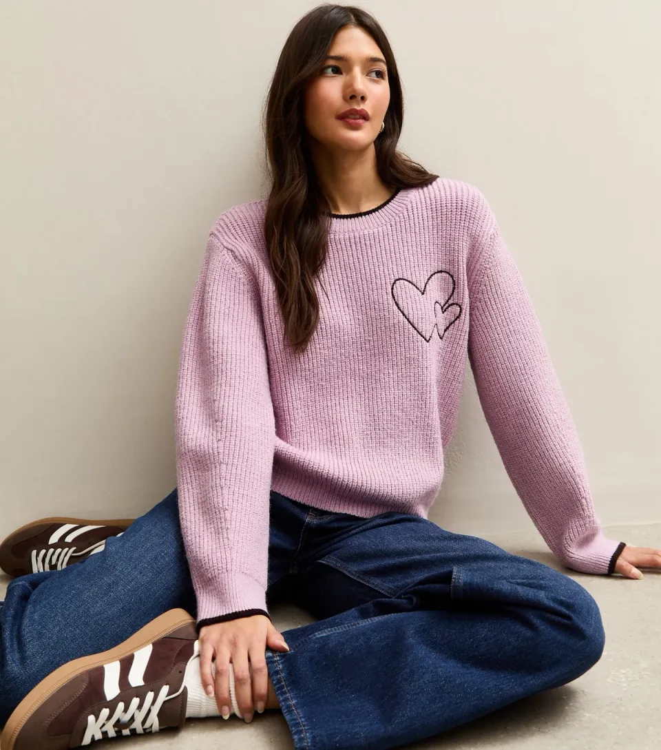 Women's Pink Embroidered Heart Knit Jumper