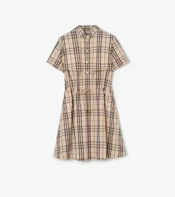 Check Cotton Dress in Almond beige