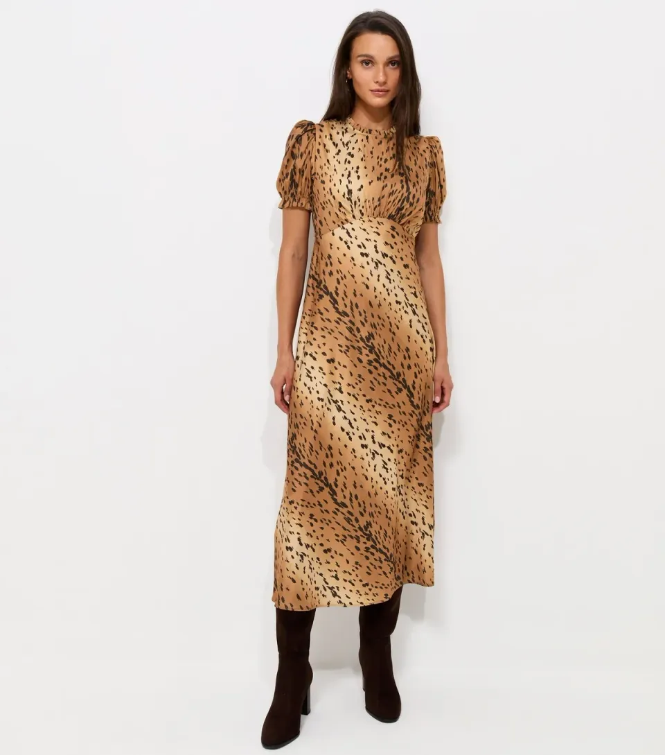 Women's Brown Animal Print Puff Sleeve Midi Dress