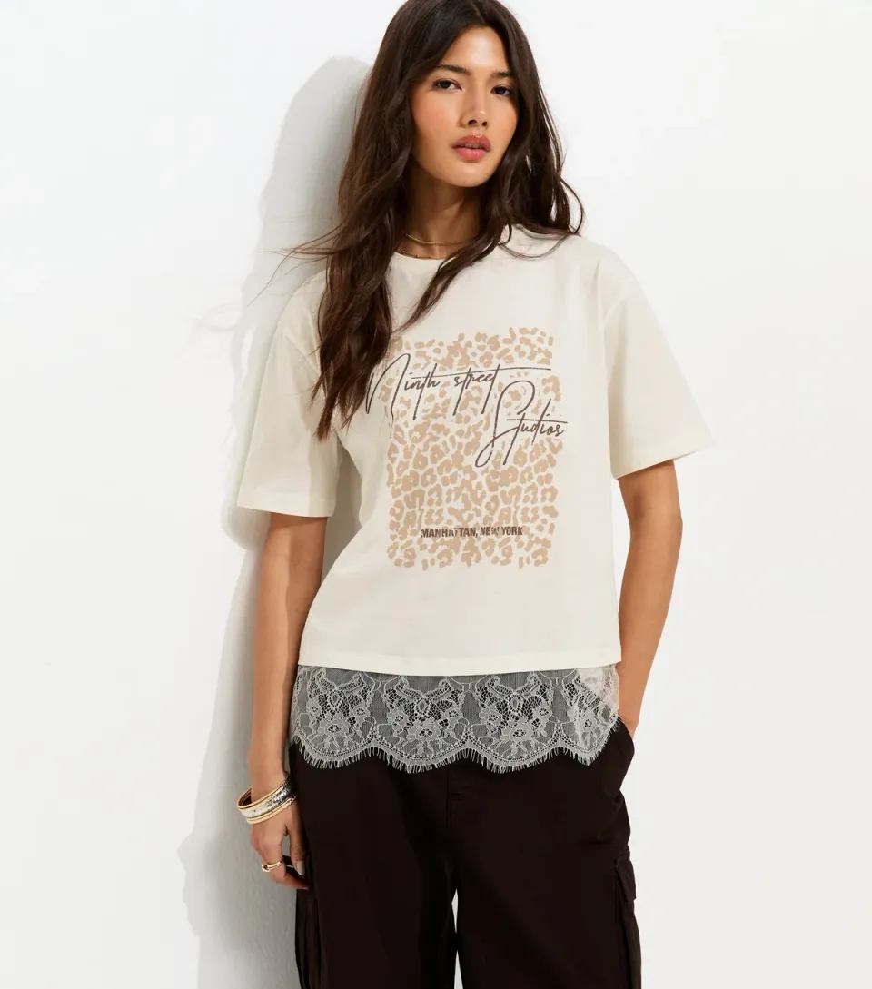 Women's Cream Cotton Leopard Lace Trim T-Shirt