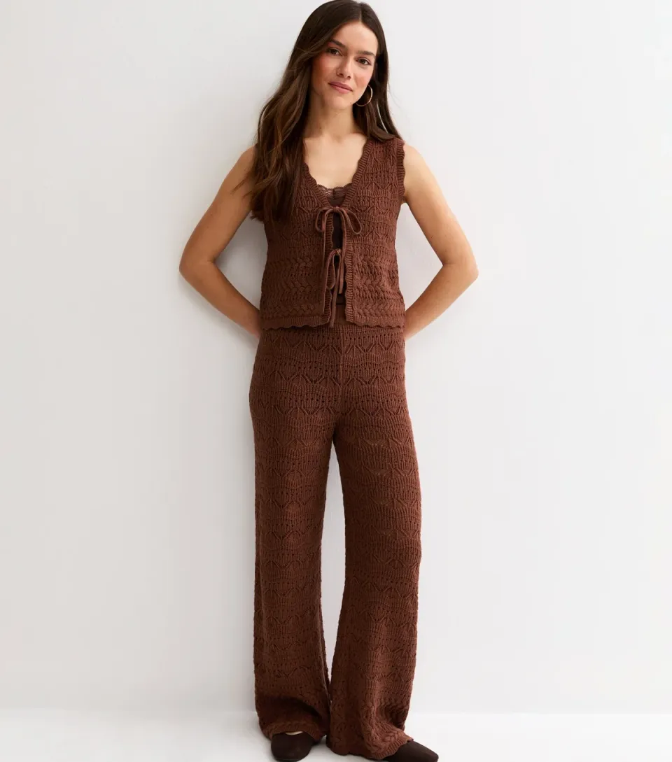 Women's Petite Brown Cotton Rich Wave Stitchy Crochet-Look Knit Trousers