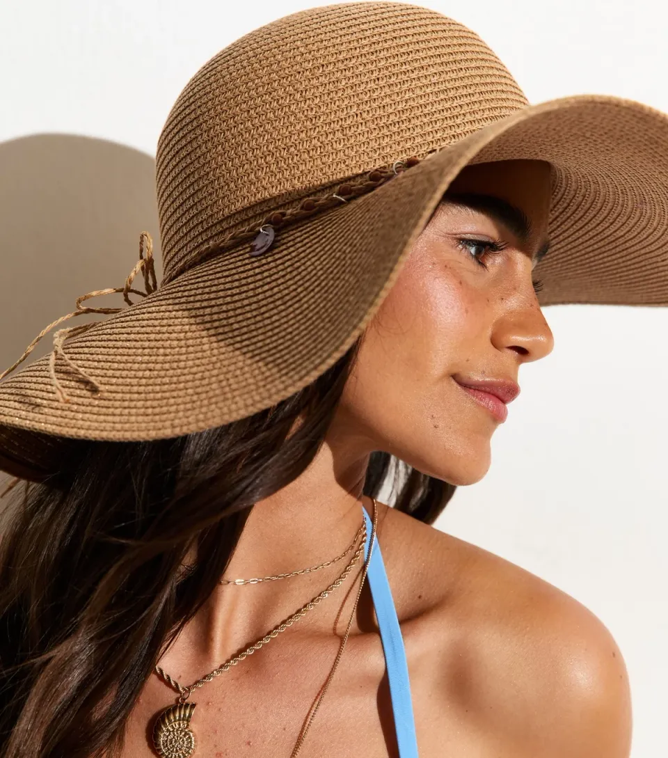 Stone Colourful Disc Trim Floppy Straw Hat