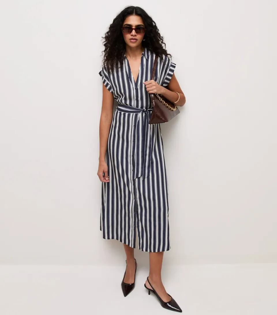 Women's Navy and White Crepe Stripe Collar Short Sleeve Midi Dress