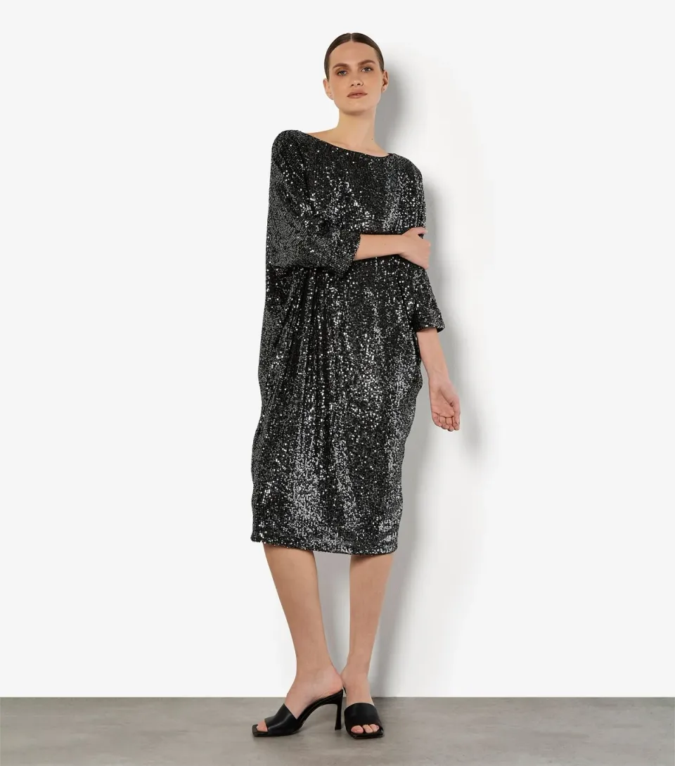 Women's Silver Sequin Lines Cocoon Midi Dress
