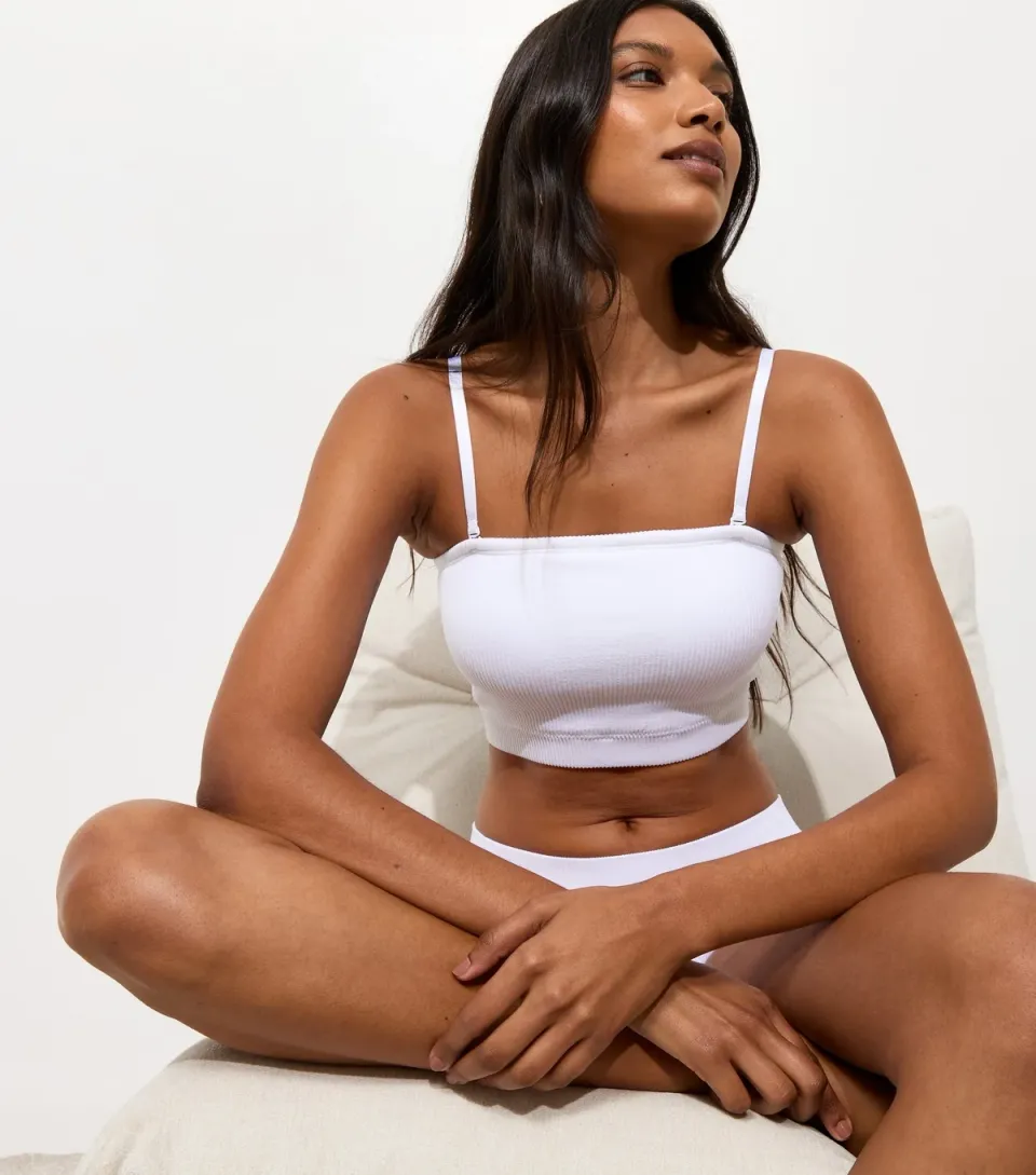 Women's White Rib Seamless Soft Multiway Bandeau Bra