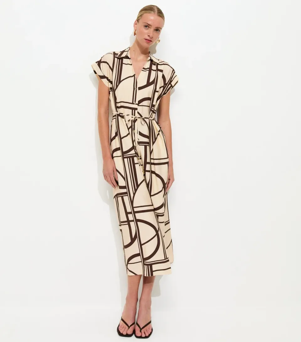 Women's Cream Abstract Print Short Sleeve Midi Shirt Dress