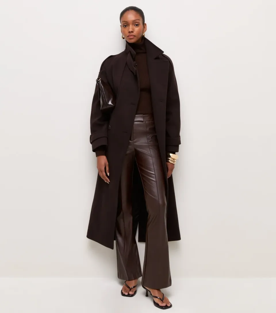 Women's Dark Brown Faux Leather Kick Flare Trousers Vegan