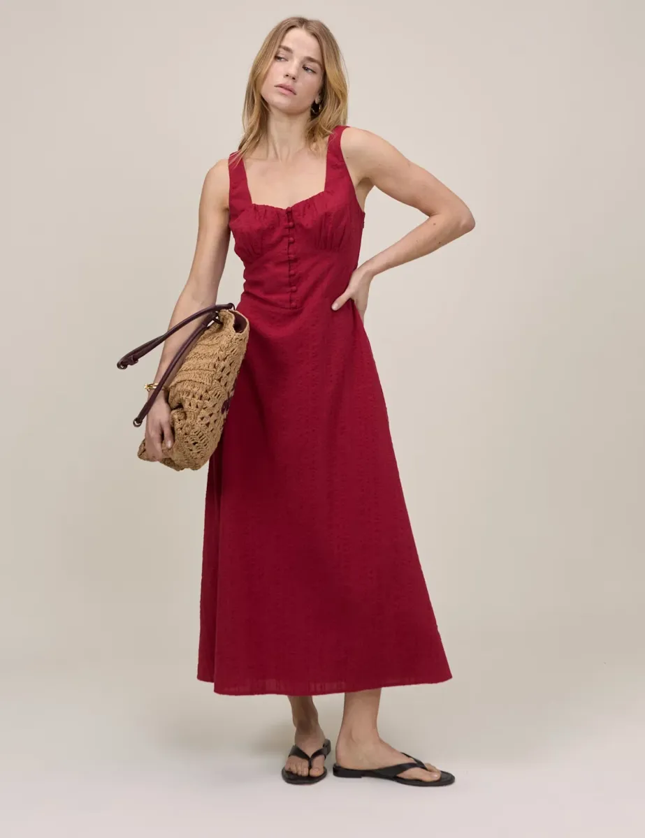 Pure Cotton Square Neck Midi Waisted Dress Brown