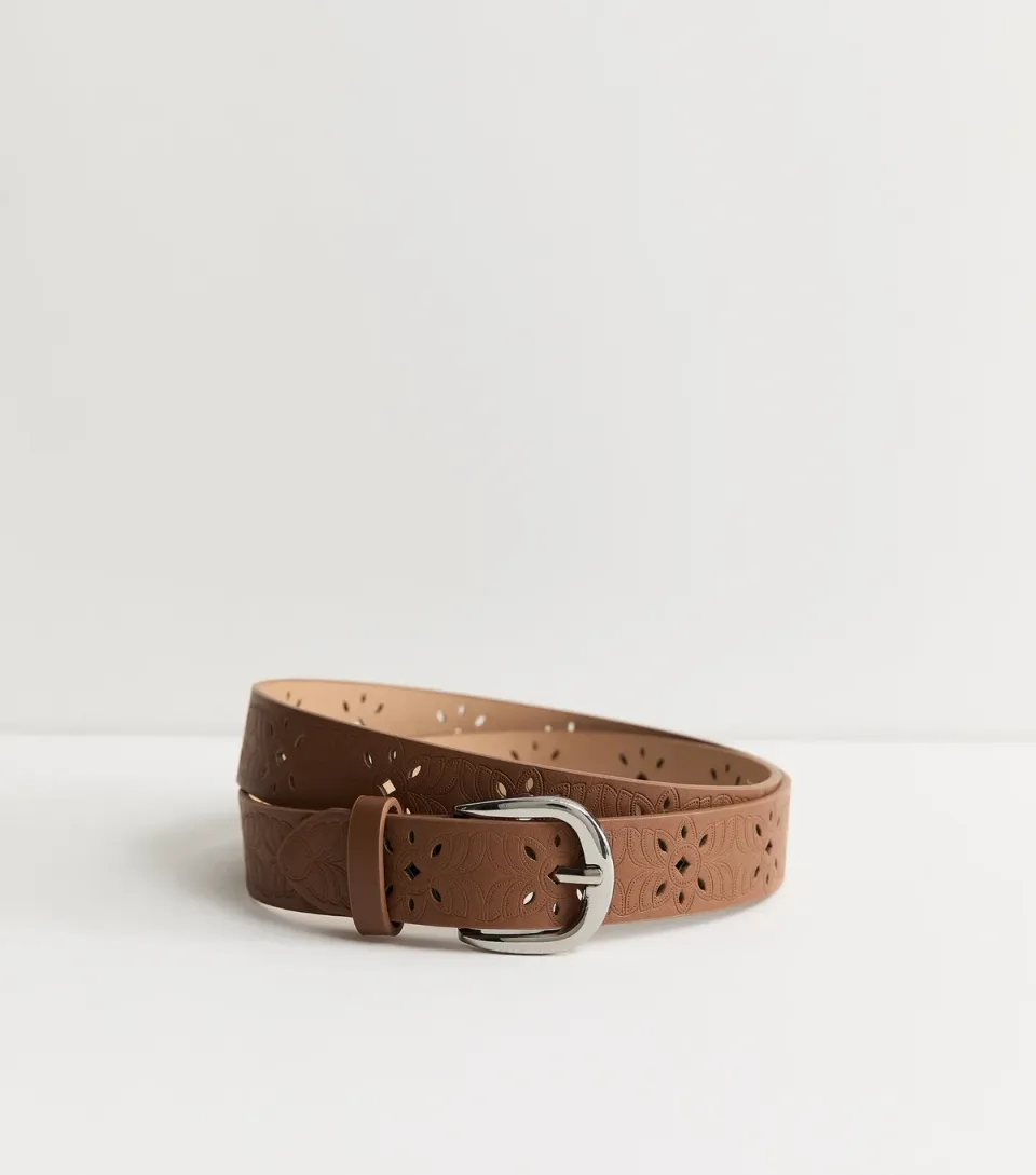 Tan Faux Leather Floral Laser Cut Out Belt