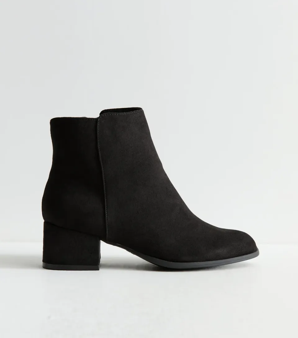 Women's Wide Fit Black Faux Suede Block Heel Ankle Boots Vegan