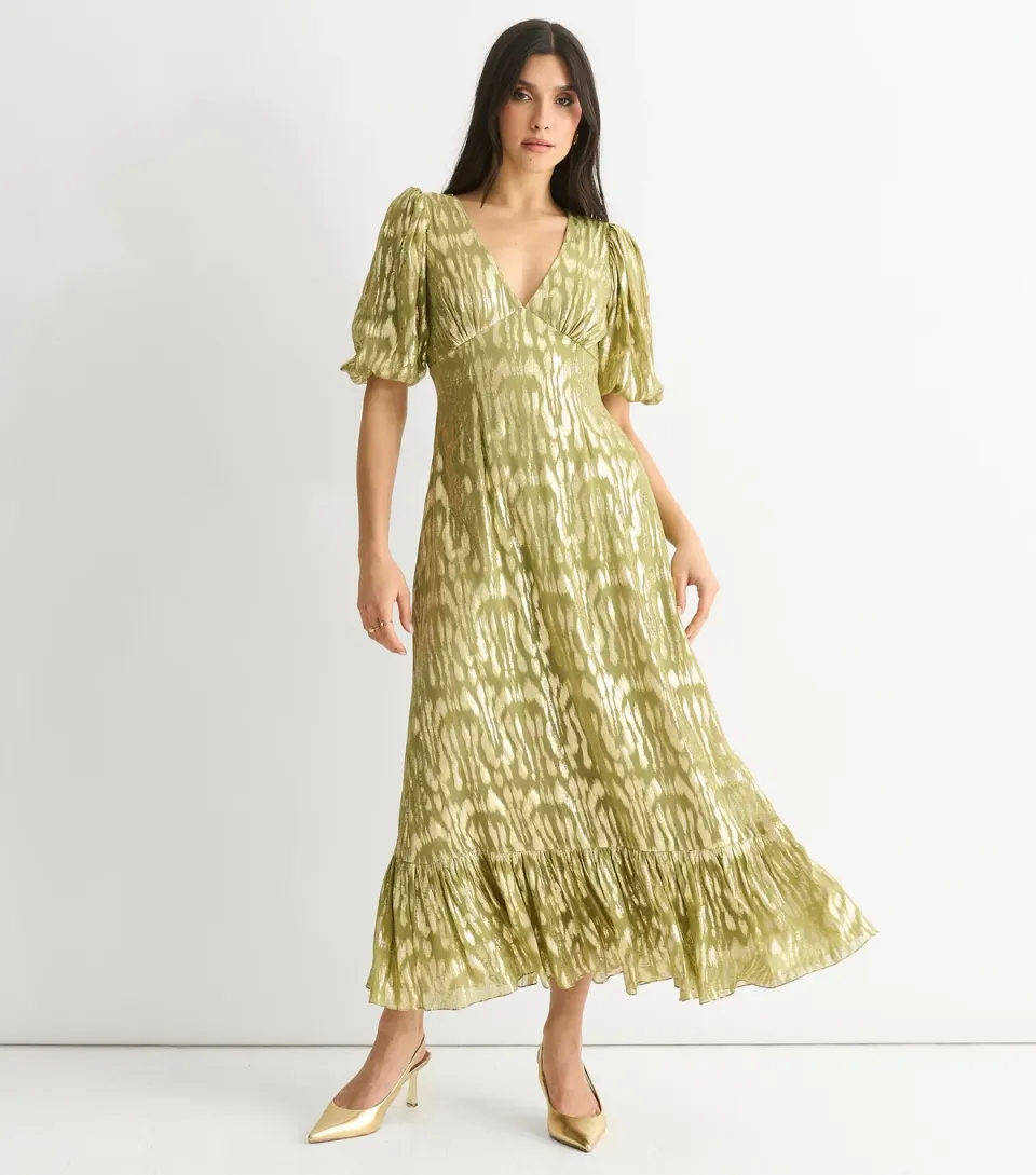 Women's Green Foiled Animal Print Midi Dress
