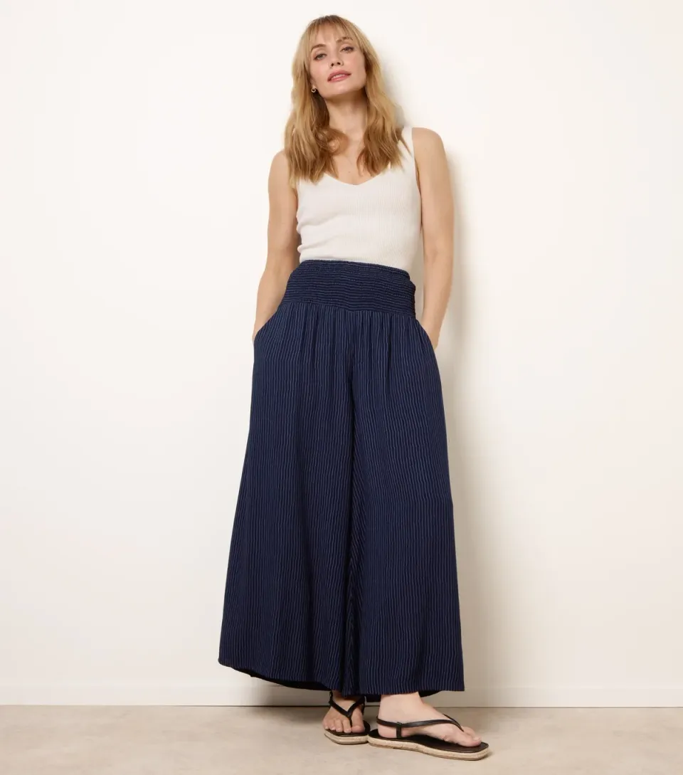 Women's Navy Striped Shirred Waist Wide Leg Trousers