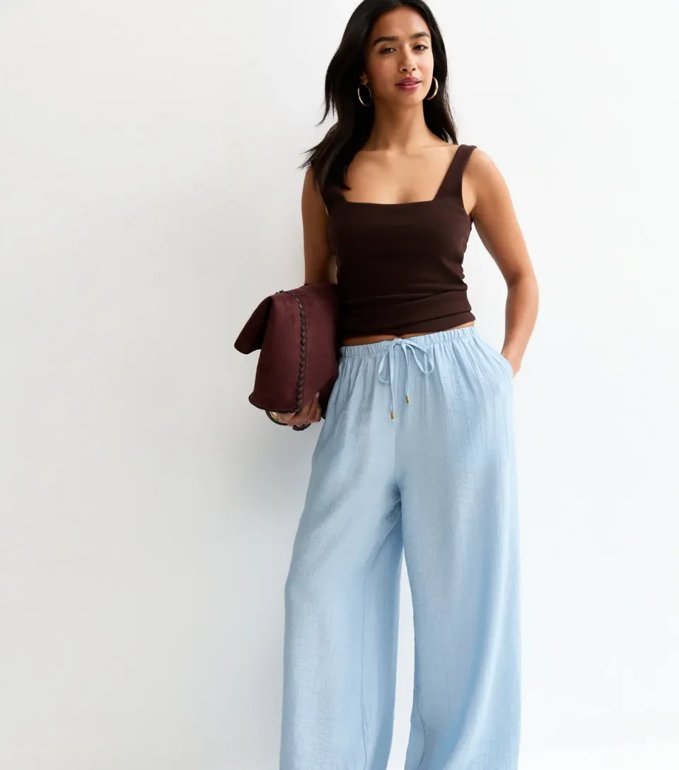 Women's Petite Light Blue Crinkle Texture Wide Leg Trousers