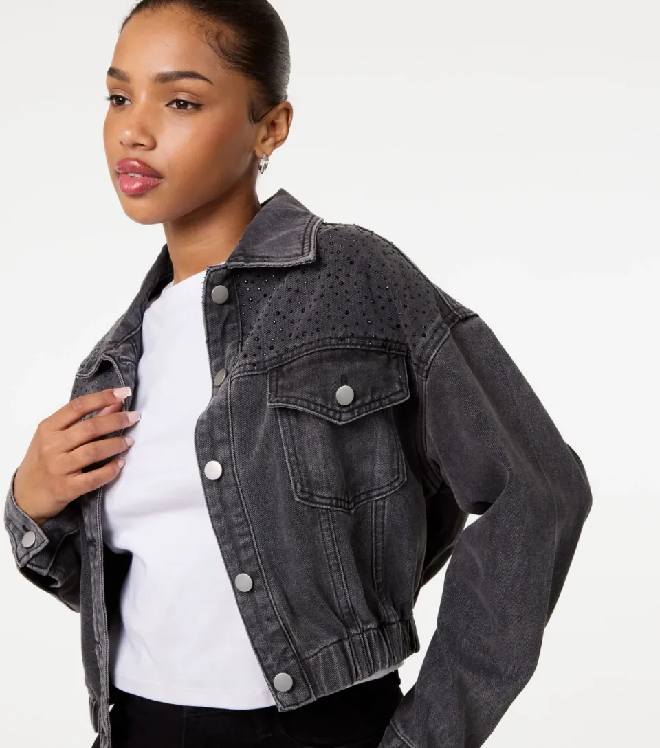 Women's Black Diamante Embellished Denim Jacket