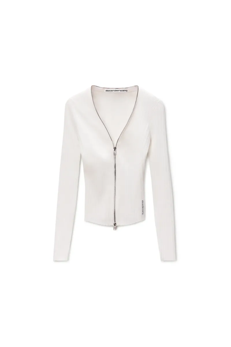 V-NECK LONG SLEEVE POINTELLE ZIP CARDIGAN
