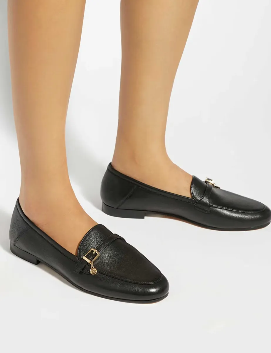 Leather Buckle Slip On Flat Loafers Black