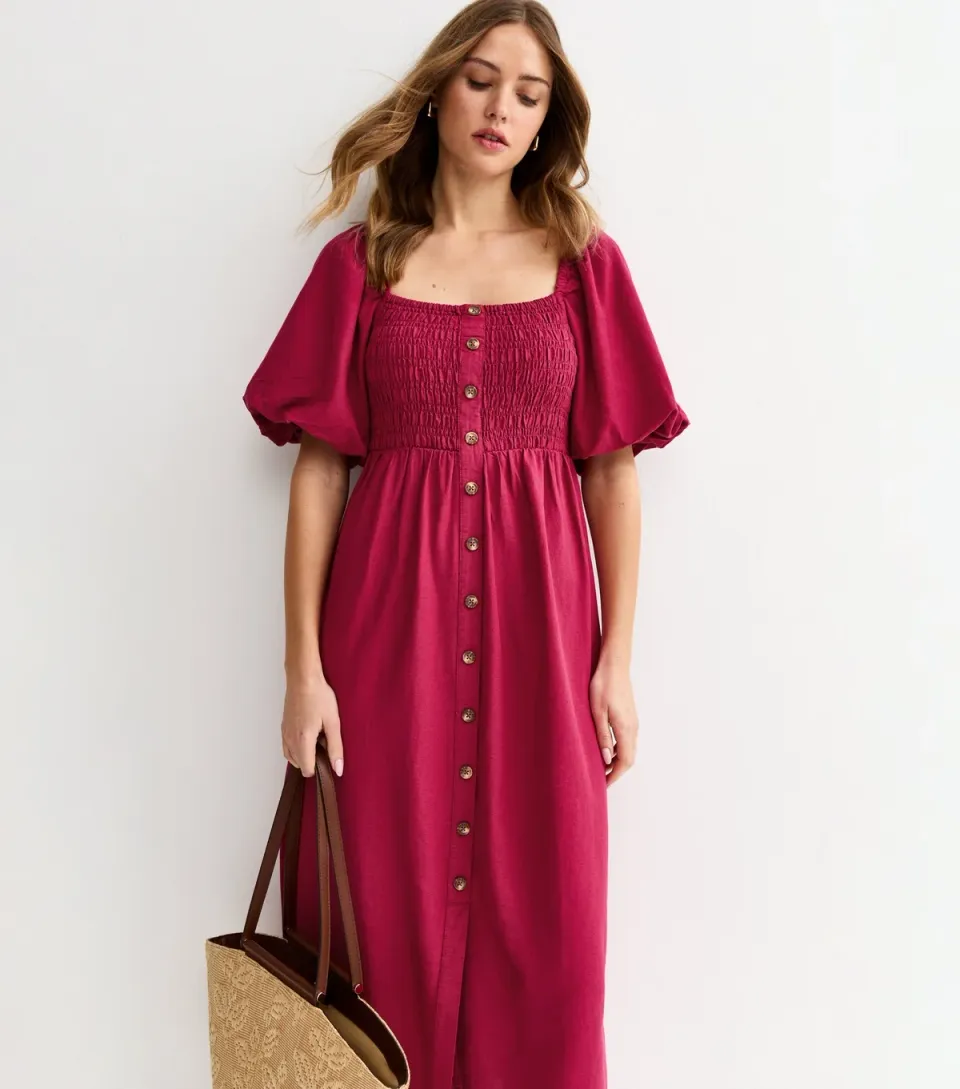 Women's Light Burgundy Faux Button Milkmaid Midi Dress