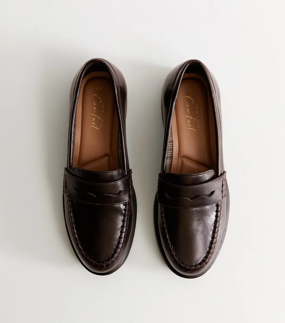 Women's Dark Brown Faux Leather Shiny Penny Loafers Vegan