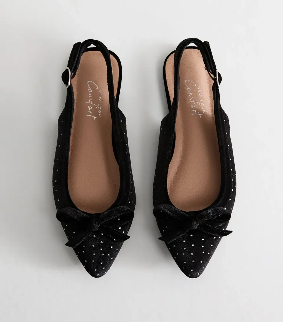 Women's Wide Fit Black Velvet Bow Front Gem Embellished Slingback Shoes Vegan