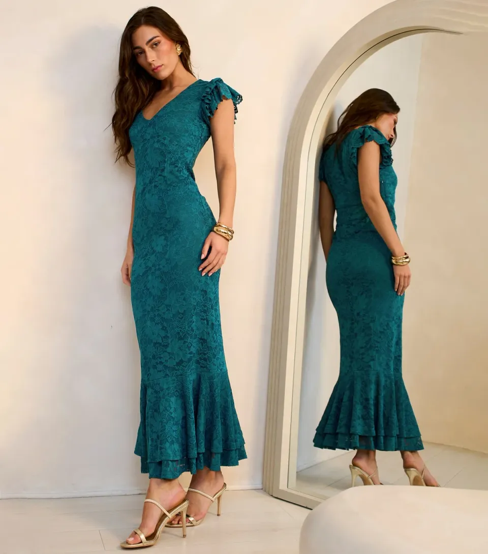Women's Lace V Neck Maxi Dress