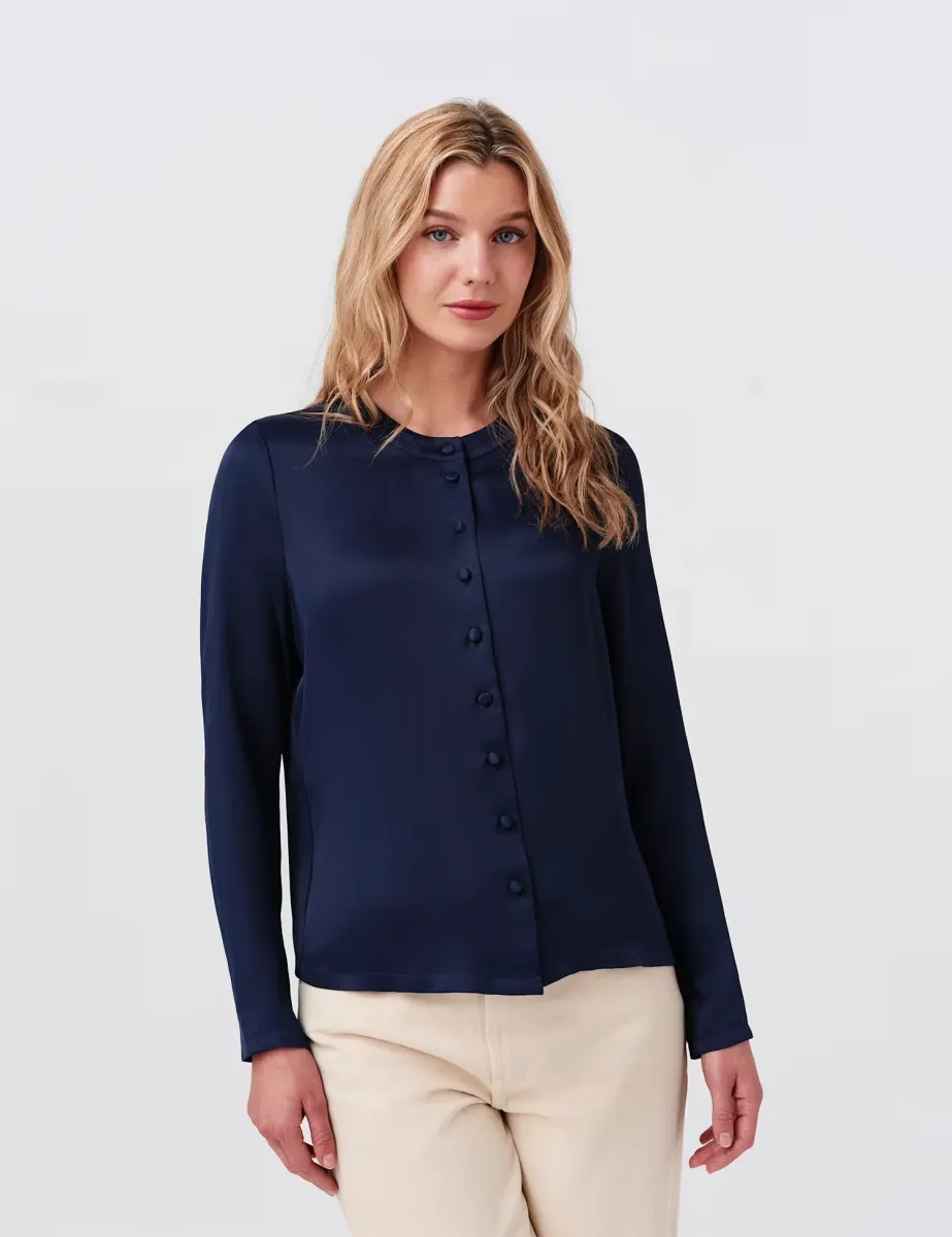 Crepe Button Front Blouse Navy