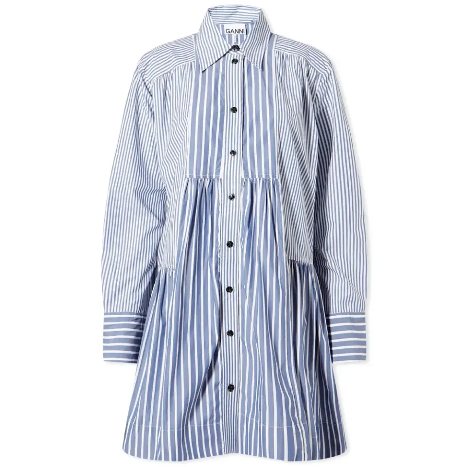 Stripe Cotton Wide Mini Shirt Dress