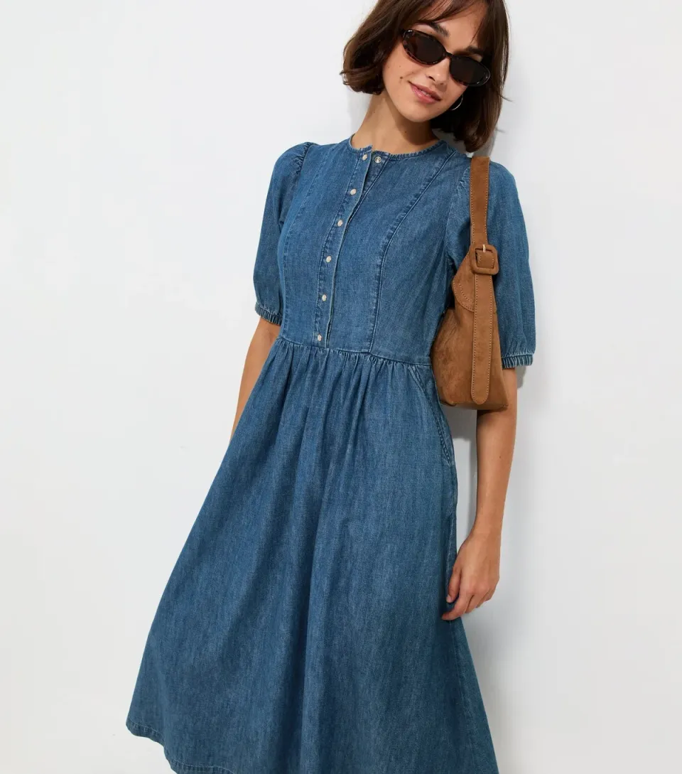 Women's Blue Denim Press Stud Short Sleeve Midi Dress