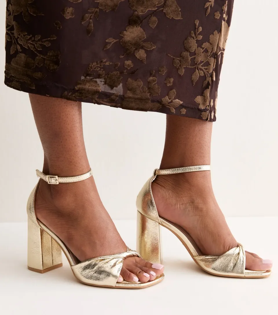 Women's Gold Faux Leather Block Heel Front Twist Sandals Vegan