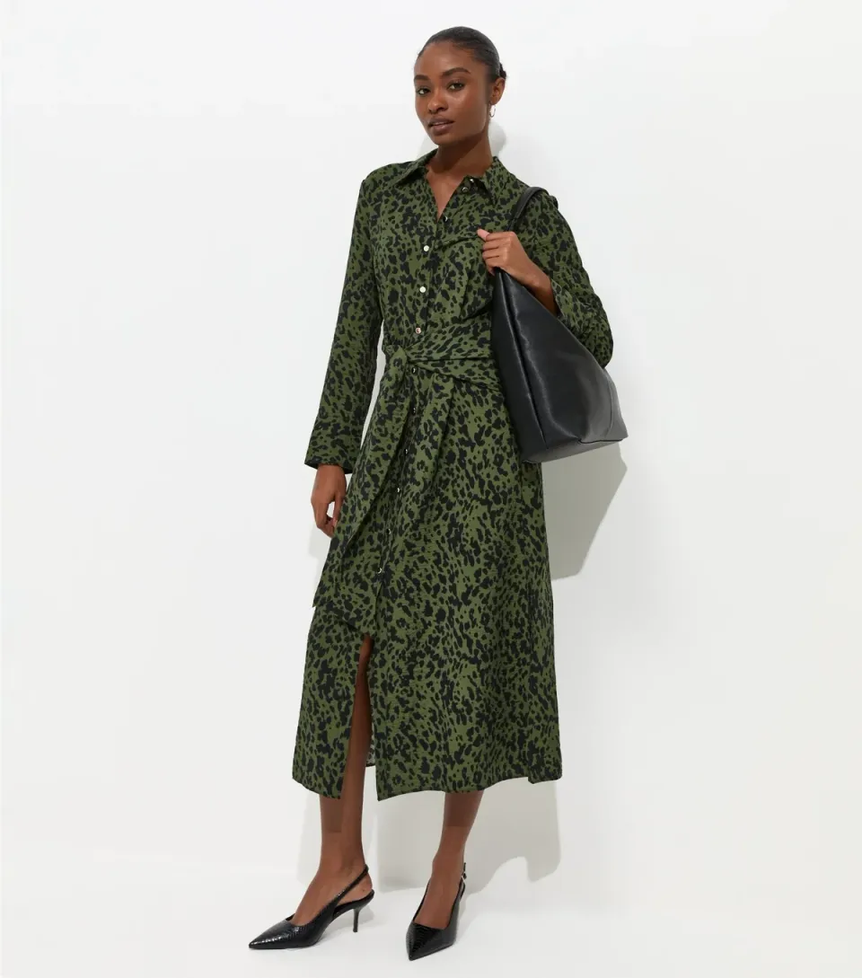 Women's Green Abstract Print Long Sleeve Shirt Dress