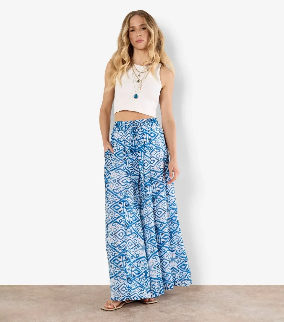 Women's Blue Ikat Print Palazzo Trousers