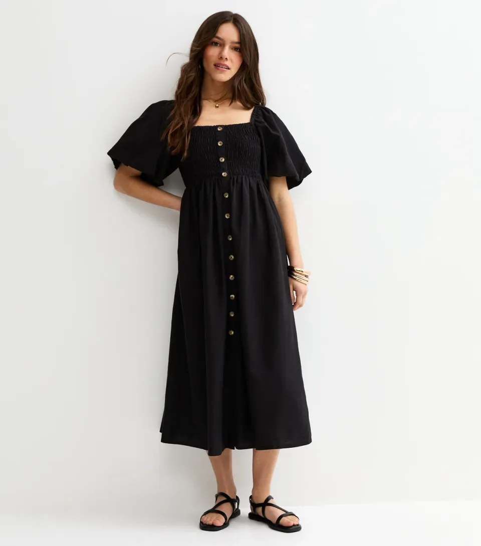 Women's Petite Black Button Through Milkmaid Midi Dress