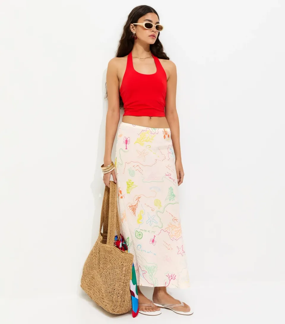 Women's Multicoloured Ocean Print Bias Cut Midi Skirt