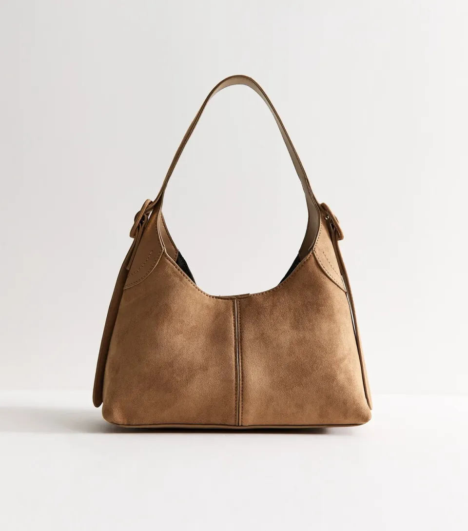 Camel Faux Suede Buckle Strap Shoulder Bag