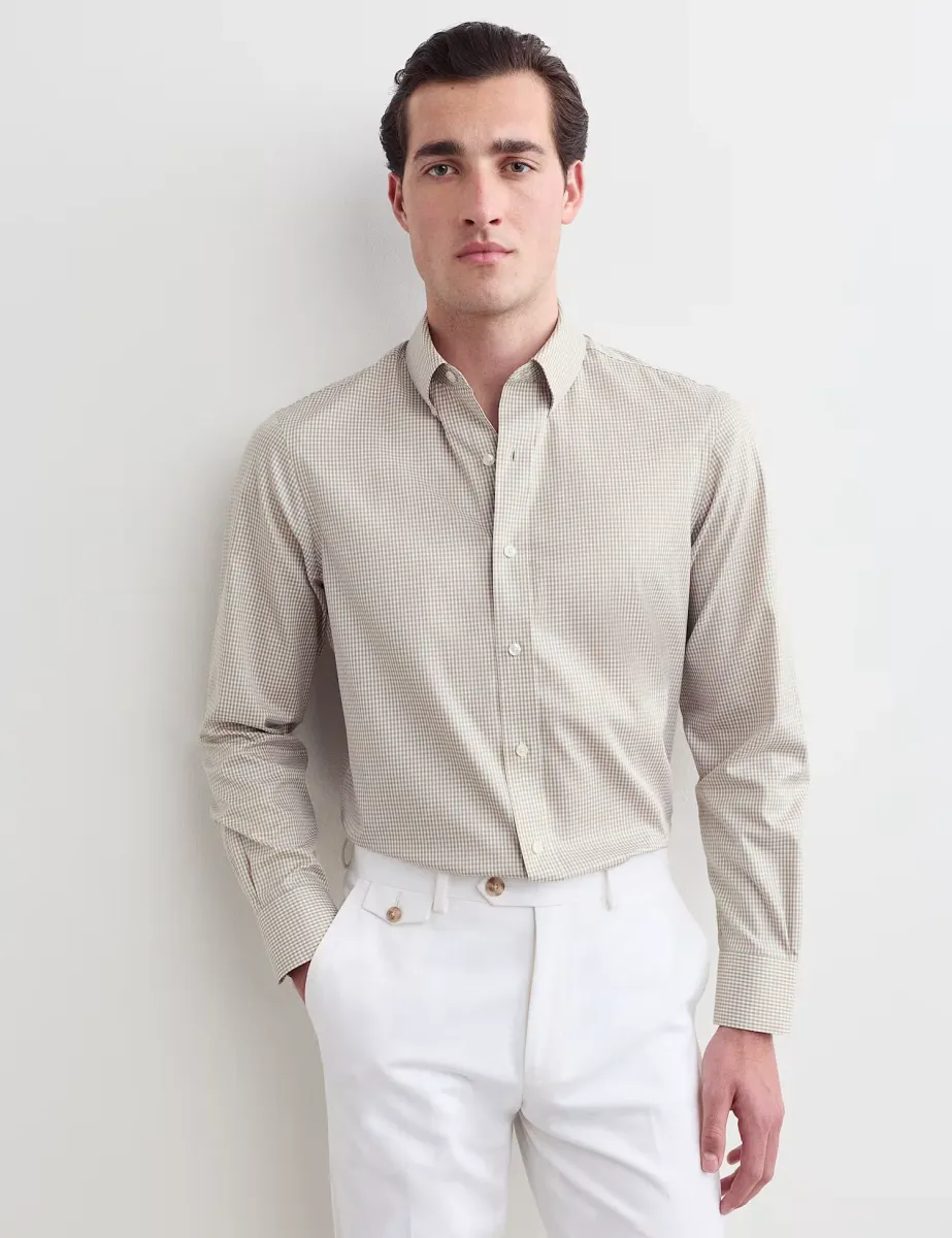 Regular Fit Pure Cotton Gingham Luxury Shirt Neutral Brown
