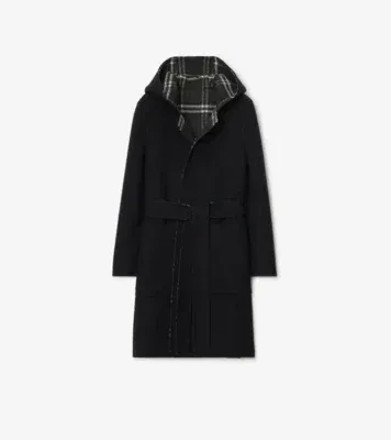 Reversible Wool Hooded Wrap Coat in Black/snug brown