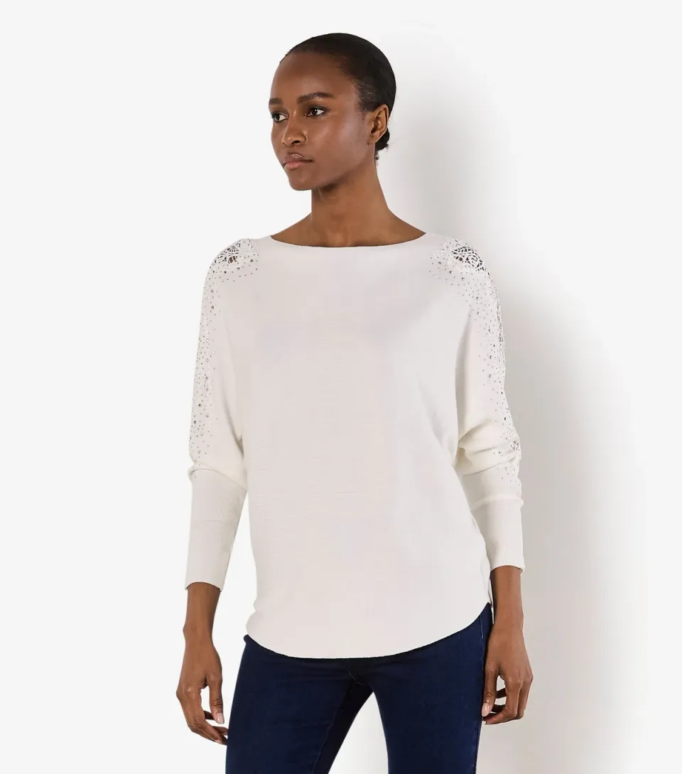 Women's White Lace Stud Arm Batwing Jumper