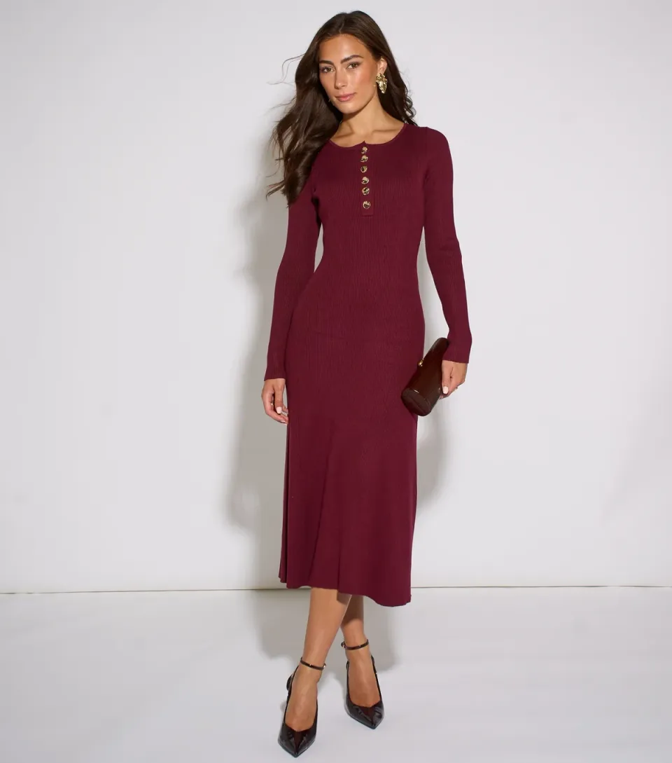 Women's Dark Red Ribbed Knit Midi Dress