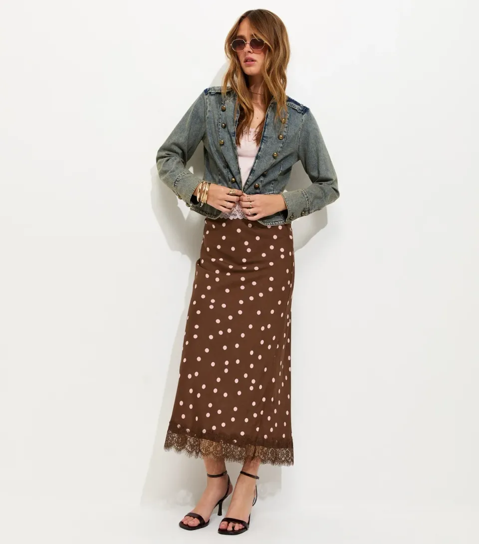 Women's Brown Polka Dot Lace trim Midi Skirt