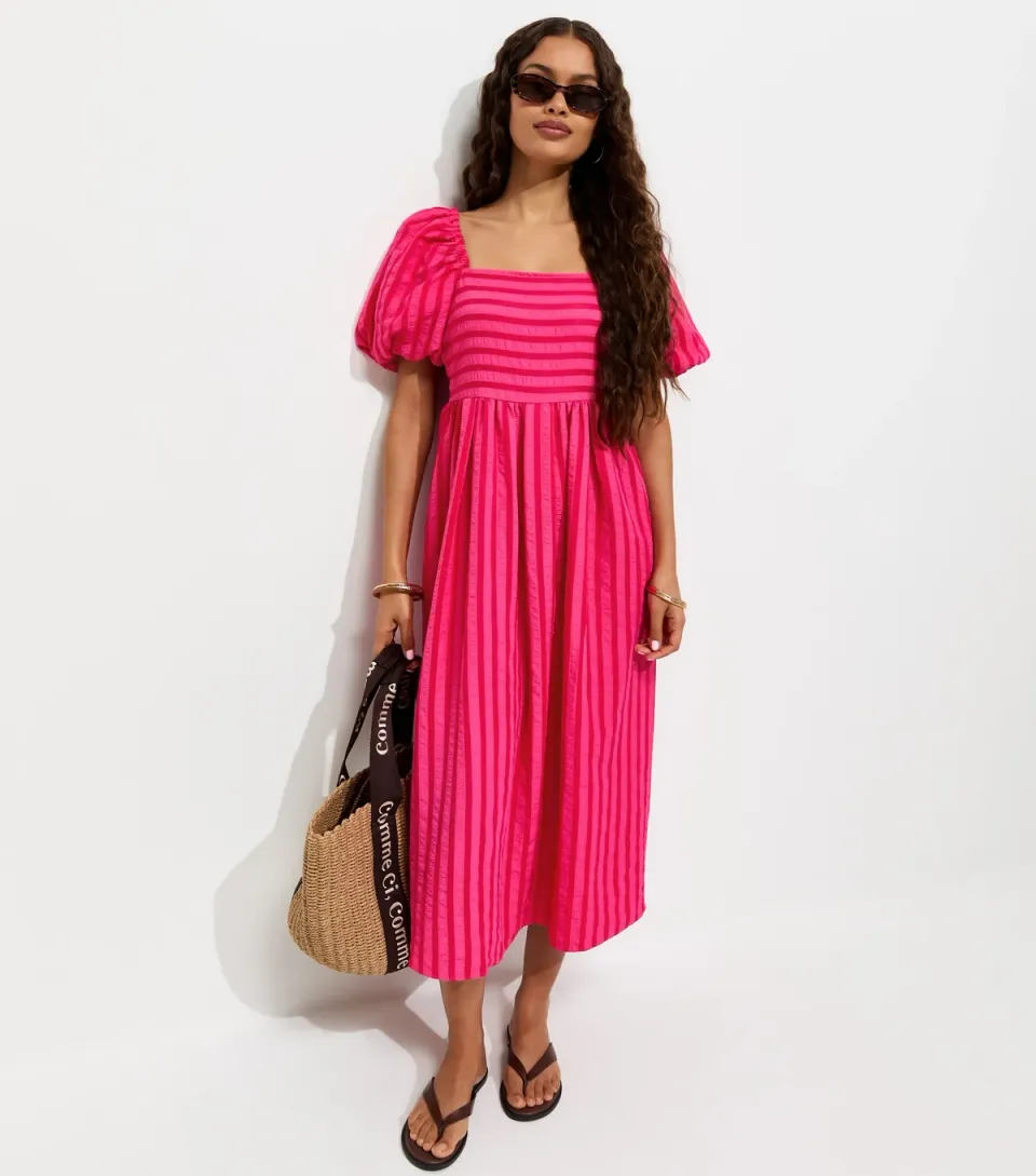 Women's Petite Dark Pink Striped Puff Sleeve Midi Dress