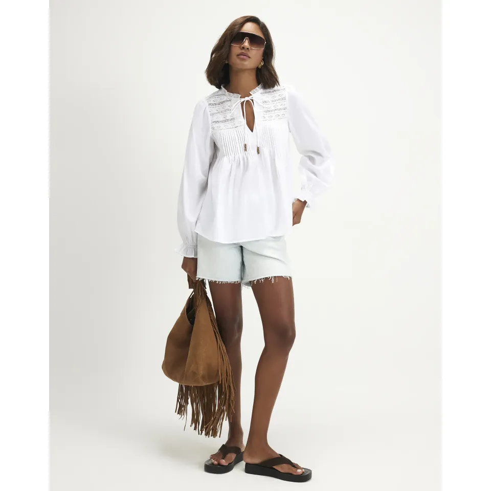 Cotton Lace Yoke Pintuck Blouse