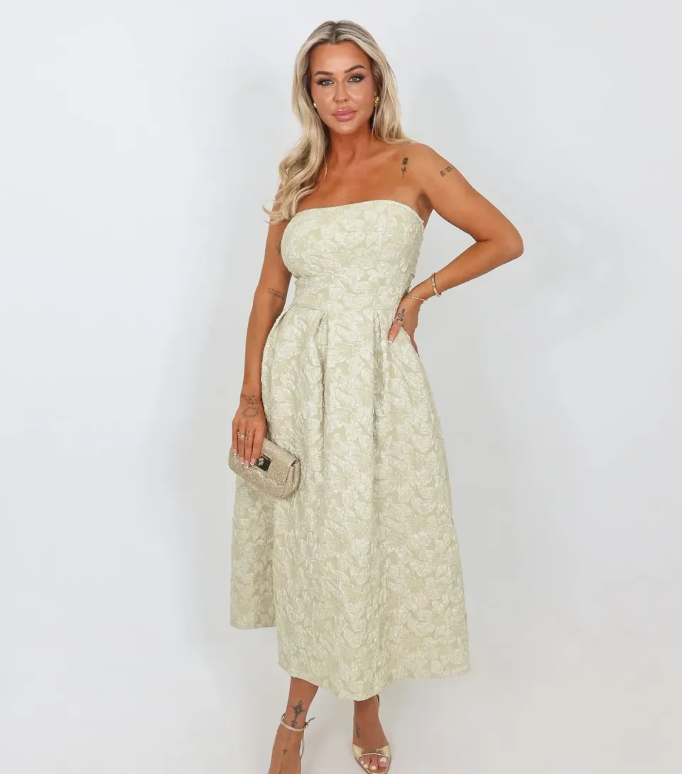 Women's Light Green Strapless Jacquard Midi Dress