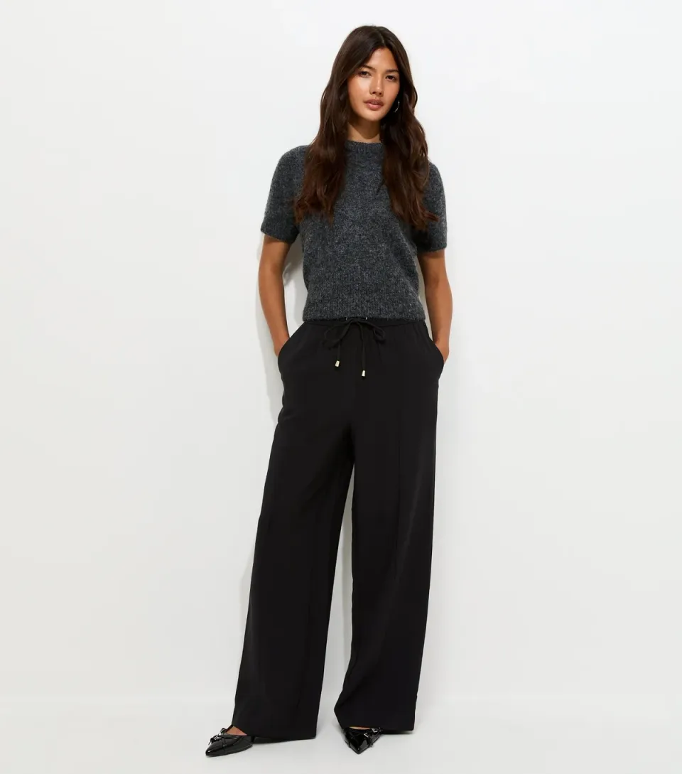 Women's Black Drawstring Front Crease Wide Leg Trousers