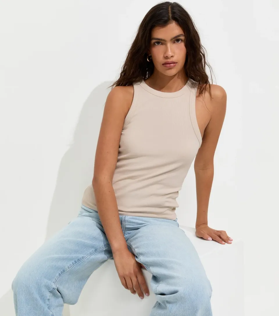 Women's Cream Cotton Rich Racer Back Ribbed Vest Top