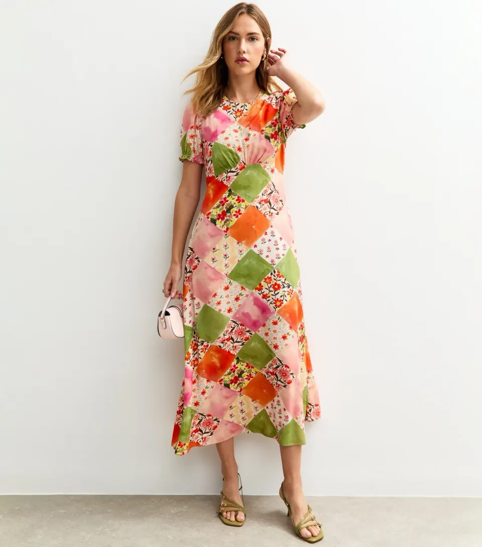 Women's Orange Patchwork Print Puff Sleeve Midi Dress