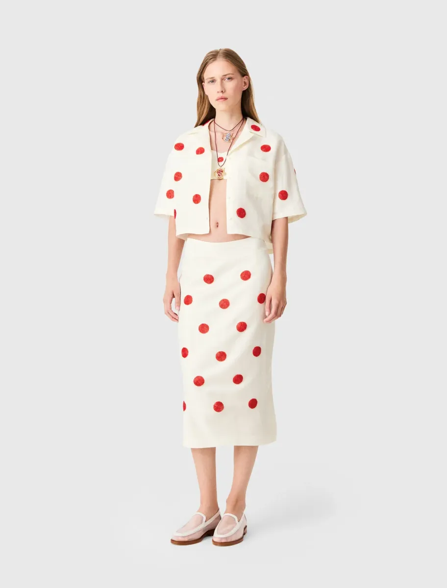 Embroidered linen-silk pencil skirt