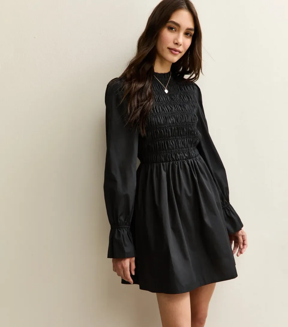 Women's Dark Green Shirred Bodice Long Sleeve A-line Mini Dress