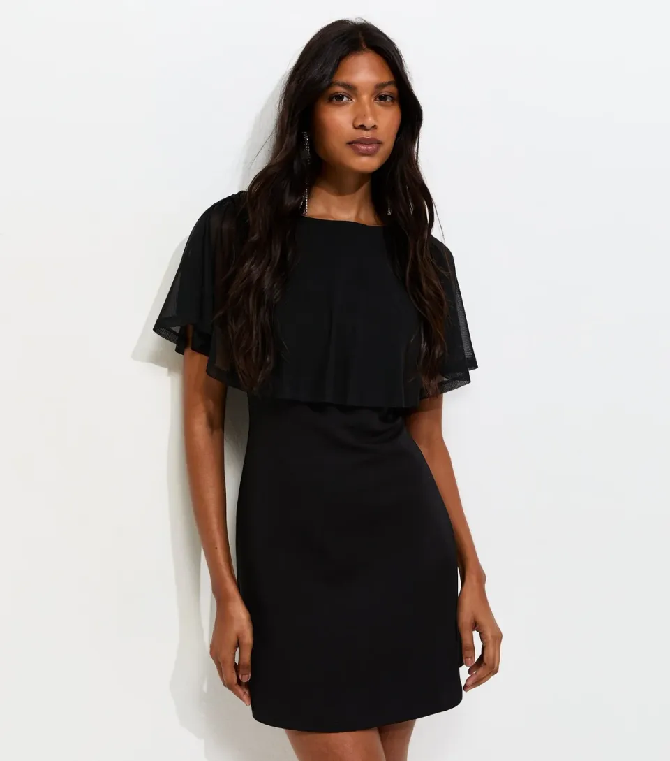 Women's Black Mesh Cape Mini Dress
