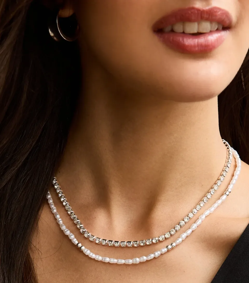 Silver Tone Two Layer Diamanté and Faux Pearl Beaded Necklace