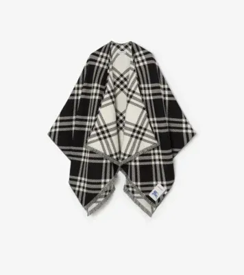 Check Wool Silk Cashmere Cape in Black/calico beige