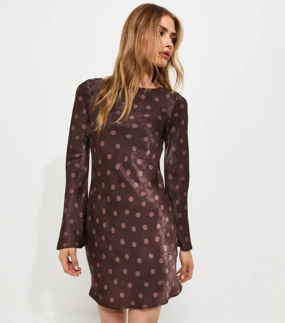 Women's Brown Satin Long Sleeve Spot Mini Dress